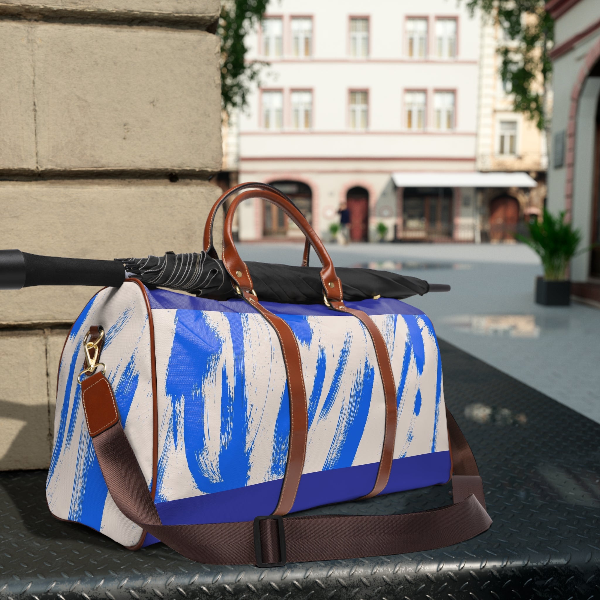 Blue Brushstroke Waterproof Travel Duffel Bag — Durable Weekend/Carry-On Bag