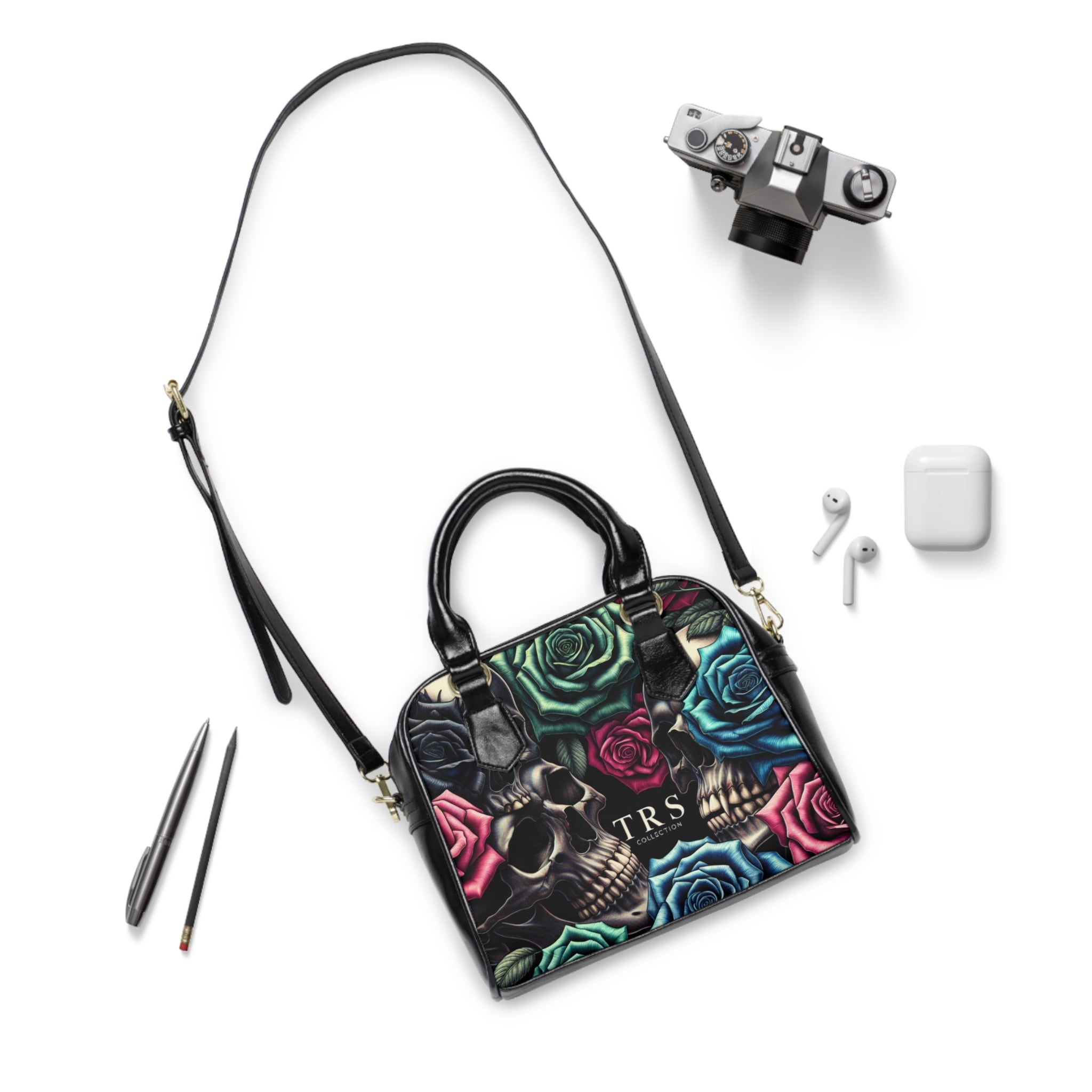 Skull & Roses Shoulder Handbag – Gothic Floral Satchel