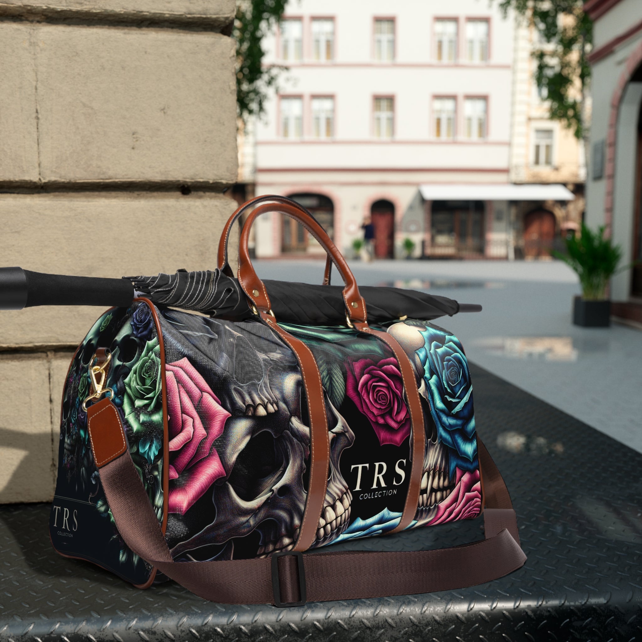 The TRS Bold & Vibrant Skulls & Roses Waterproof Duffel